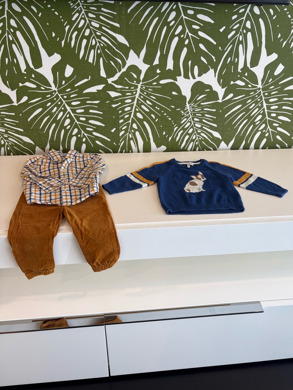 Janie and Jack Navy Blue Dog Knit Sweater with Mustard Stripe Sleeves Outfit Set
